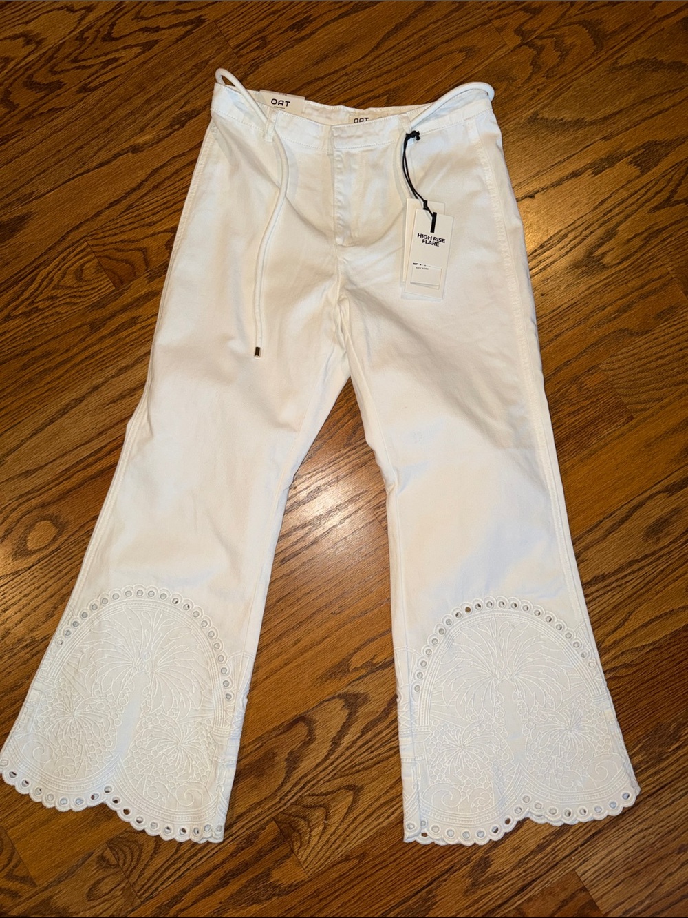 OAT White Embroidered High Rise Flare Jeans NWT